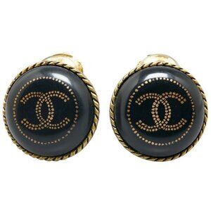 CHANEL CC Logos Black Round Clip-On Earrings Gold Tone 00A Auth w/Box D-222-7